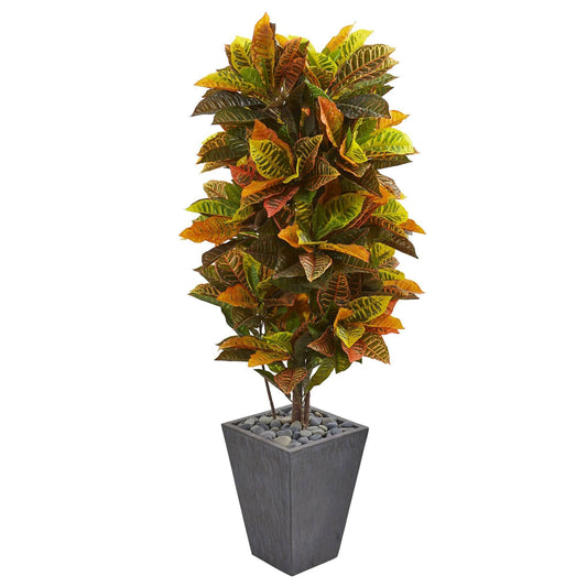 5.5' Croton artificial plant in slate planter with multicolor leaves by Nearly Natural on Tampa Home & Garden Store