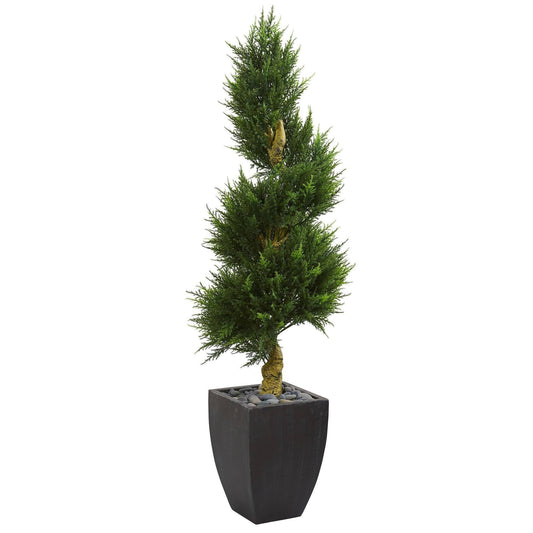 5.5' Cypress Spiral Artificial Tree in black wash planter by Nearly Natural, indoor/outdoor on Tampa Home & Garden Store
