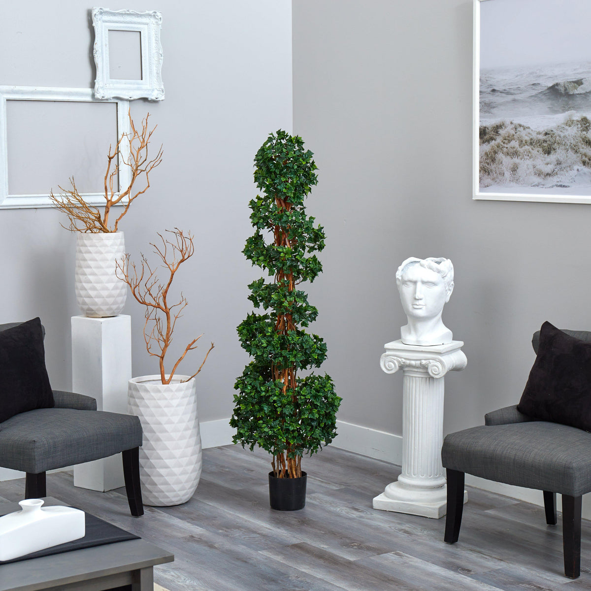 Nearly Natural 5.5’ English Ivy Topiary Spiral artificial tree UV resistant indoor/outdoor in black pot on Tampa Home & Garden Store