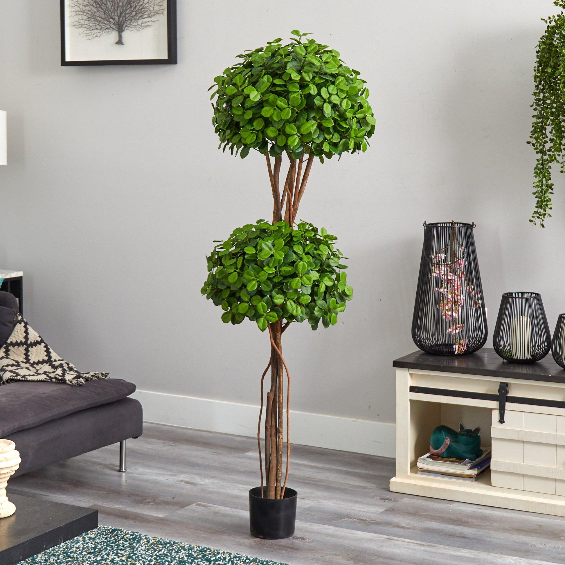 5.5' Eucalyptus Double Ball Topiary Silk Tree by Nearly Natural with green leaves in black pot on Tampa Home & Garden Store