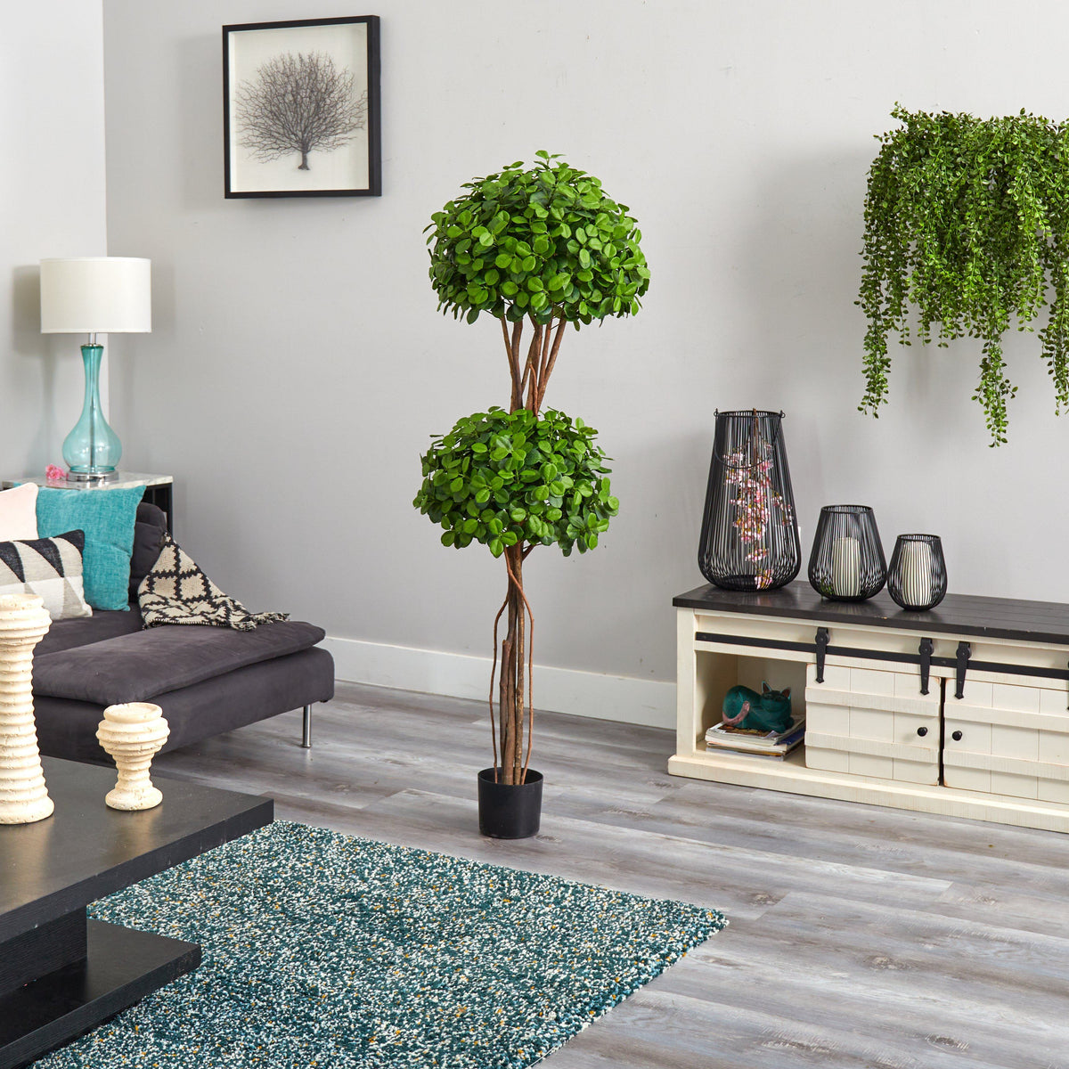 5.5' Eucalyptus Double Ball Topiary Silk Tree Nearly Natural, dense green artificial leaves on Tampa Home & Garden Store