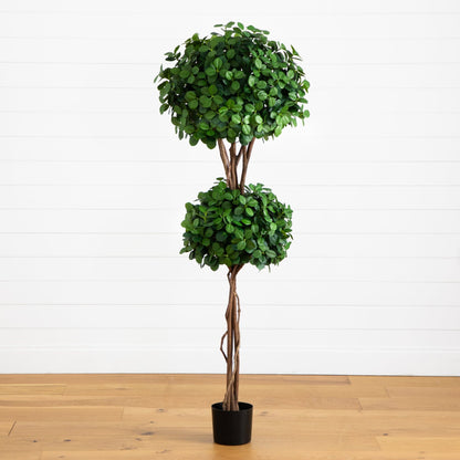 5.5' eucalyptus double-ball topiary silk tree by Nearly Natural in a black pot on Tampa Home & Garden Store