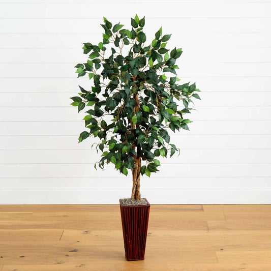 5.5 ft Ficus Tree in Bamboo Planter, Nearly Natural artificial tree with lush green leaves on Tampa Home & Garden Store