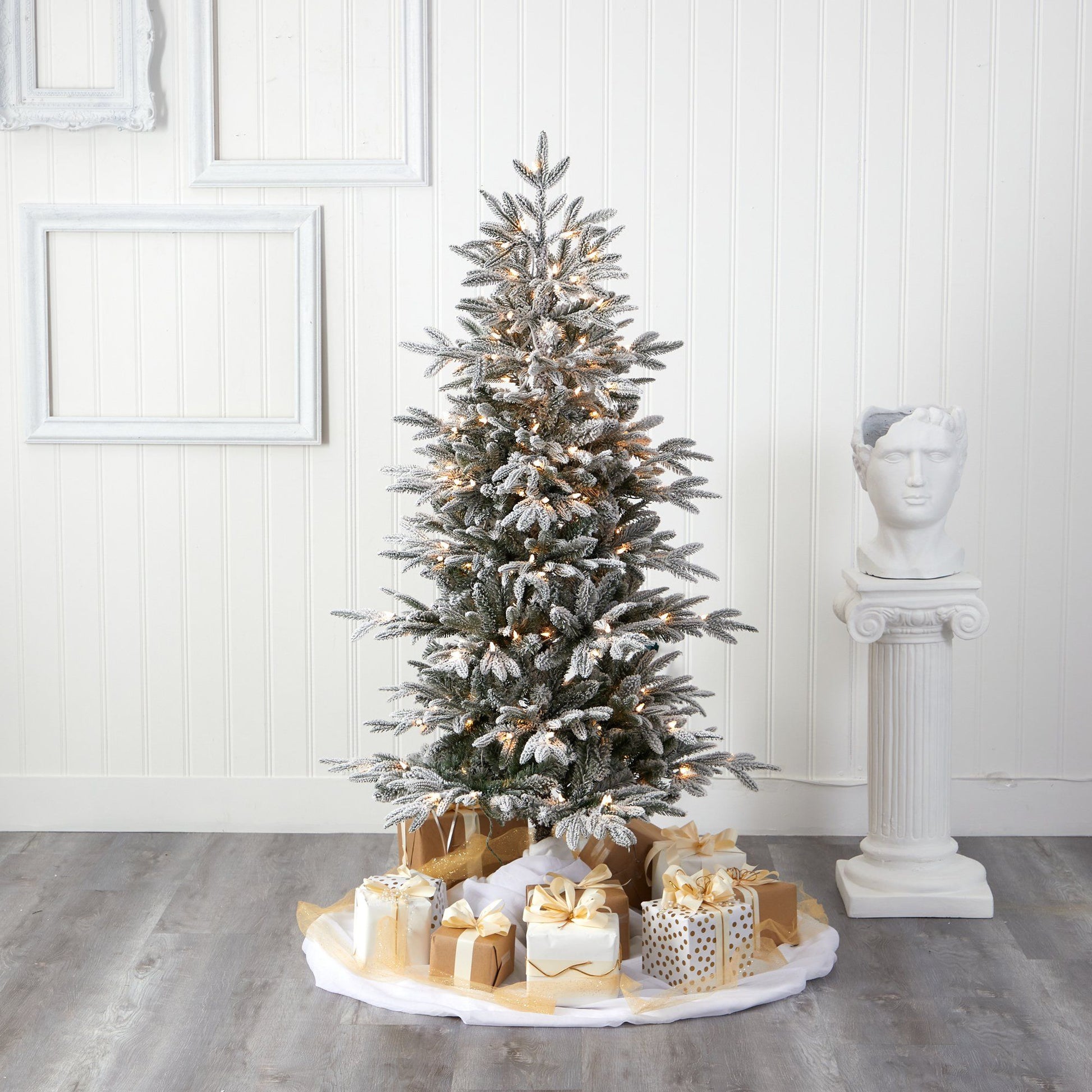 5.5 ft flocked Manchester Spruce pre-lit Christmas tree with 200 lights Nearly Natural on Tampa Home & Garden Store