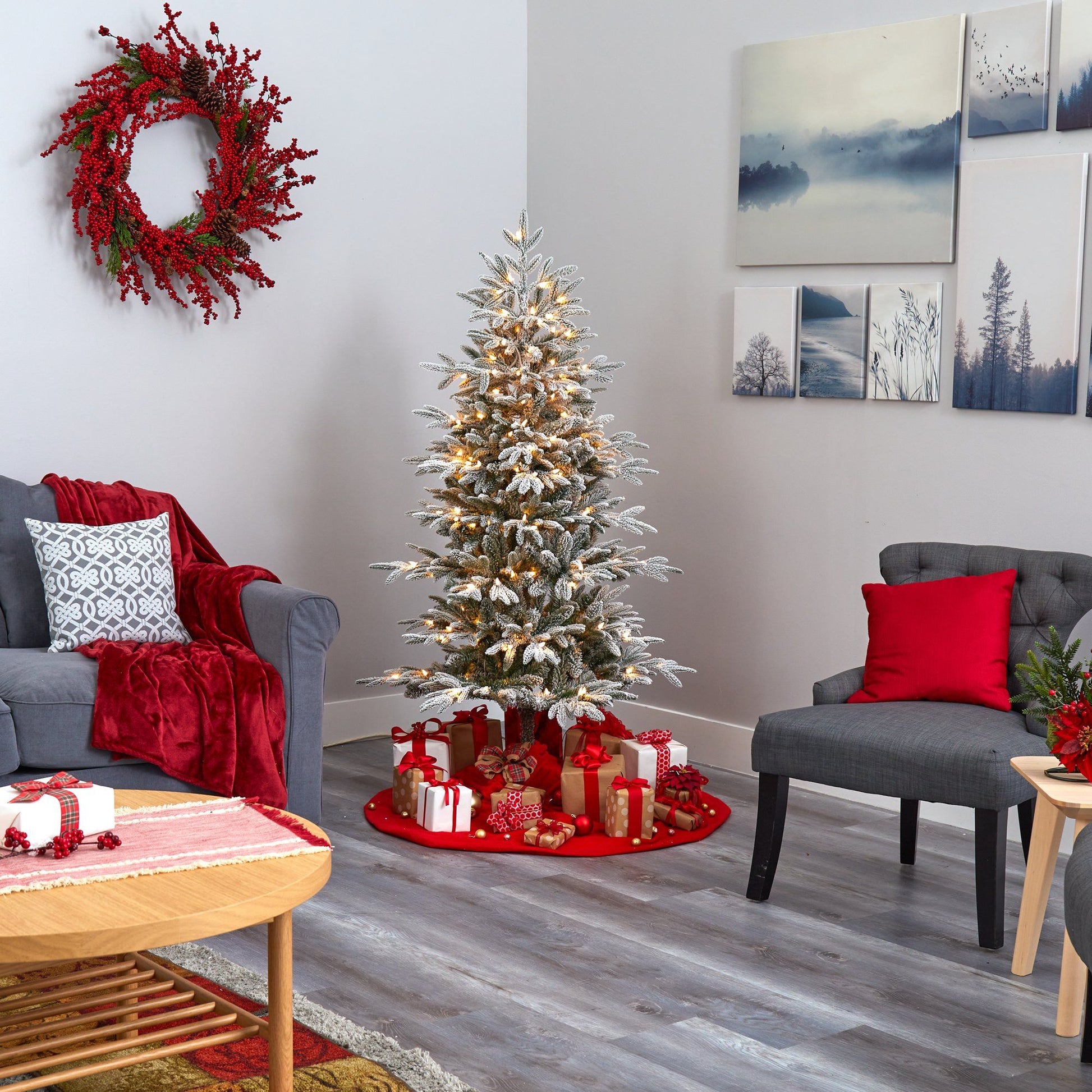 5.5’ Flocked Manchester Spruce Christmas Tree with 200 lights and 560 bendable branches on Tampa Home & Garden Store