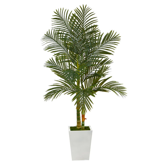 5.5’ Golden Cane Artificial Palm Tree in White Metal Planter - Tampa Home & Garden Store