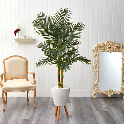 5.5ft Golden Cane Artificial Palm Tree in White Planter by Nearly Natural on Tampa Home & Garden Store