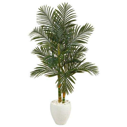 5.5 ft Golden Cane artificial palm tree in white planter by Nearly Natural with white decorative stones on Tampa Home & Garden Store