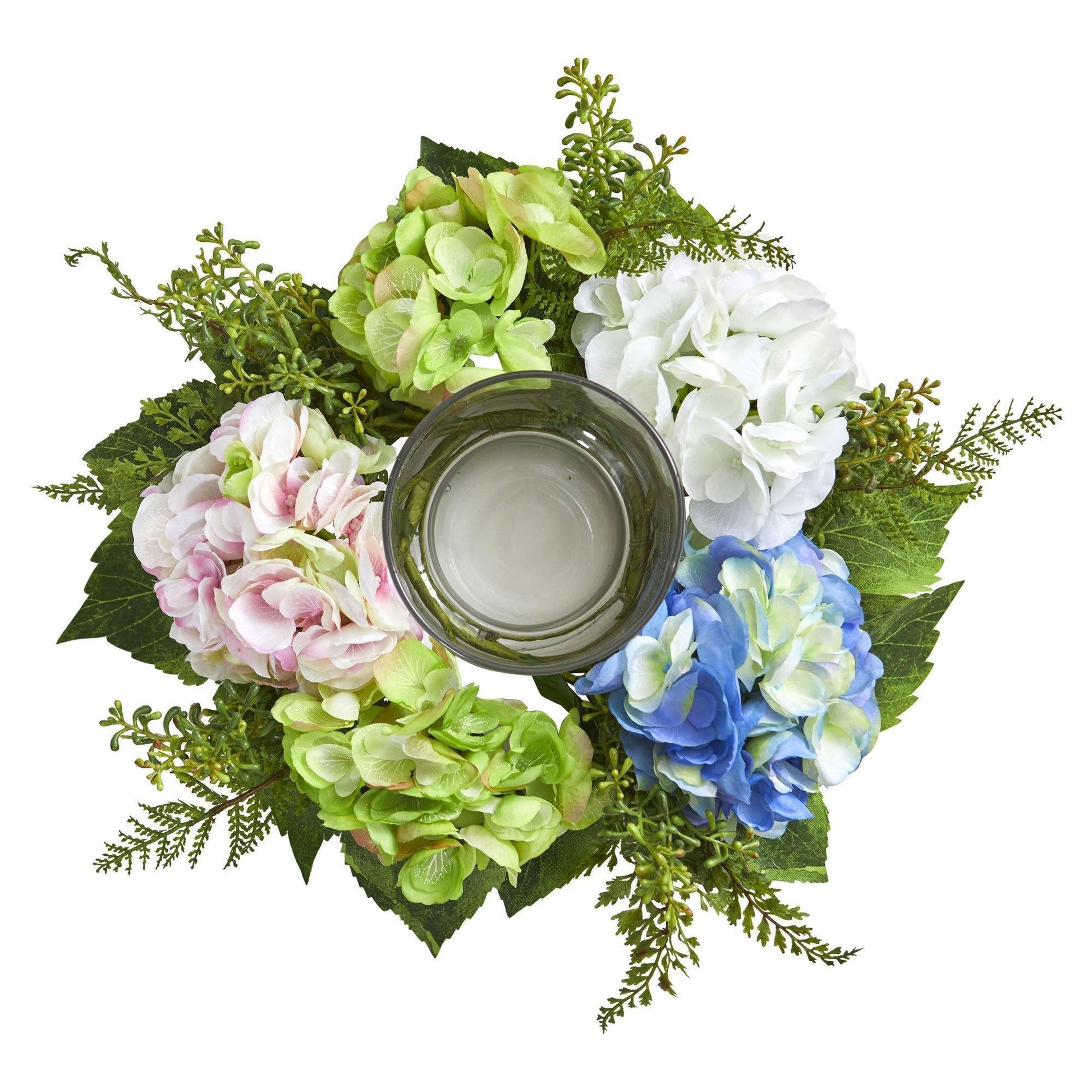 5.5in Hydrangea artificial candelabrum with green, white, pink blooms around a glass vase on Tampa Home & Garden Store