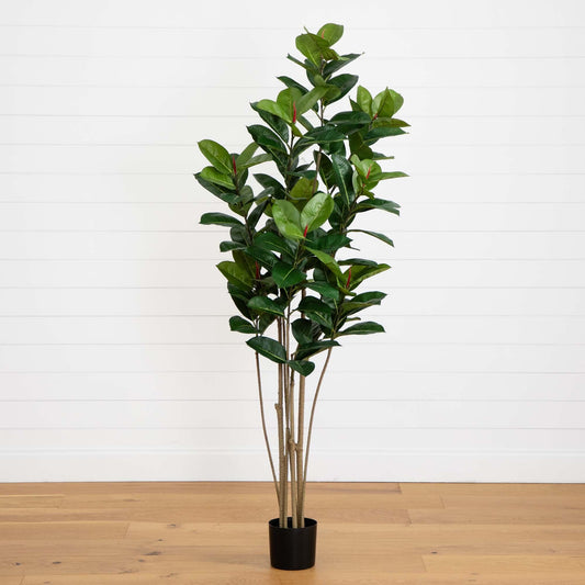 5.5’ Oak artificial tree with multiple trunks, UV resistant, green leaves in black pot on Tampa Home & Garden Store