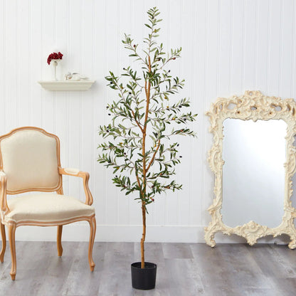Slim Olive Artificial Tree 5.5 ft by Nearly Natural with olive-green leaves in black pot on Tampa Home & Garden Store