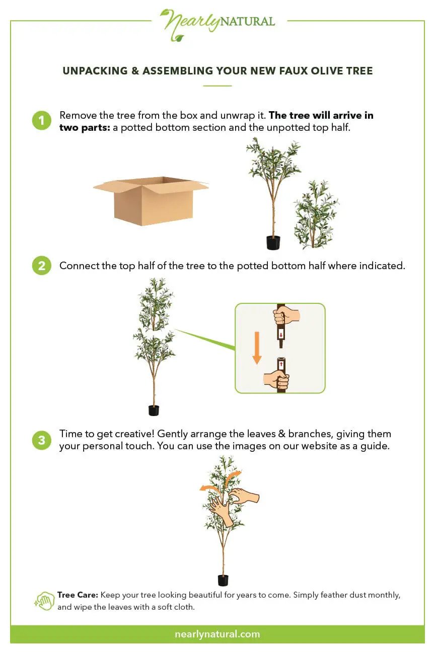 Slim Olive Artificial Tree 5.5 ft; unpack & assembly guide for artificial plant by Nearly Natural on Tampa Home & Garden Store