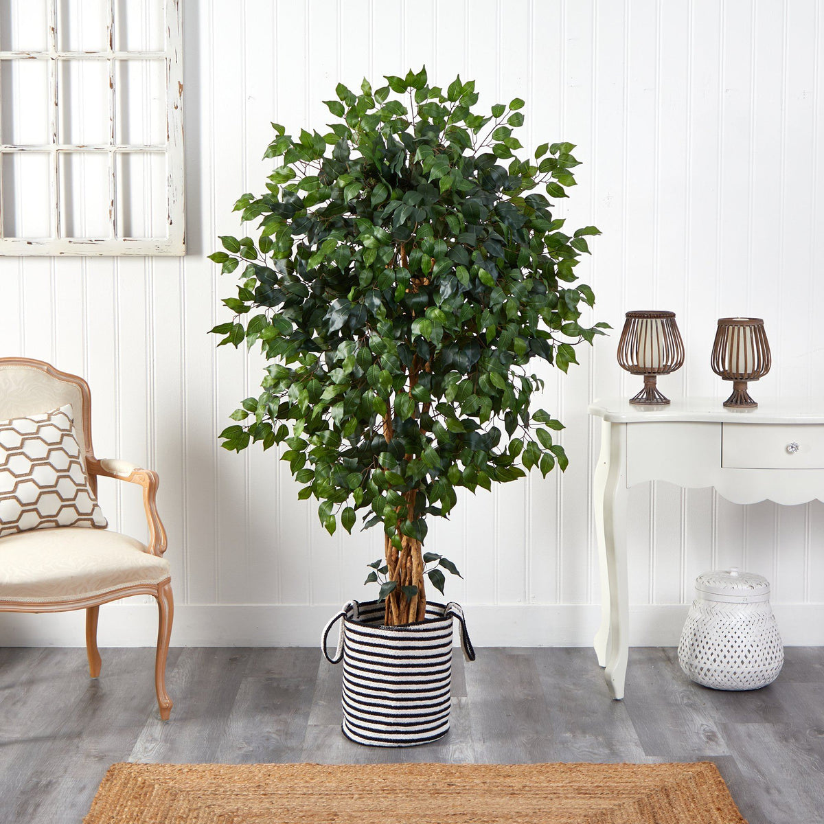 Palace Ficus artificial tree, 5.5 ft, in handmade black and white jute cotton planter on Tampa Home & Garden Store