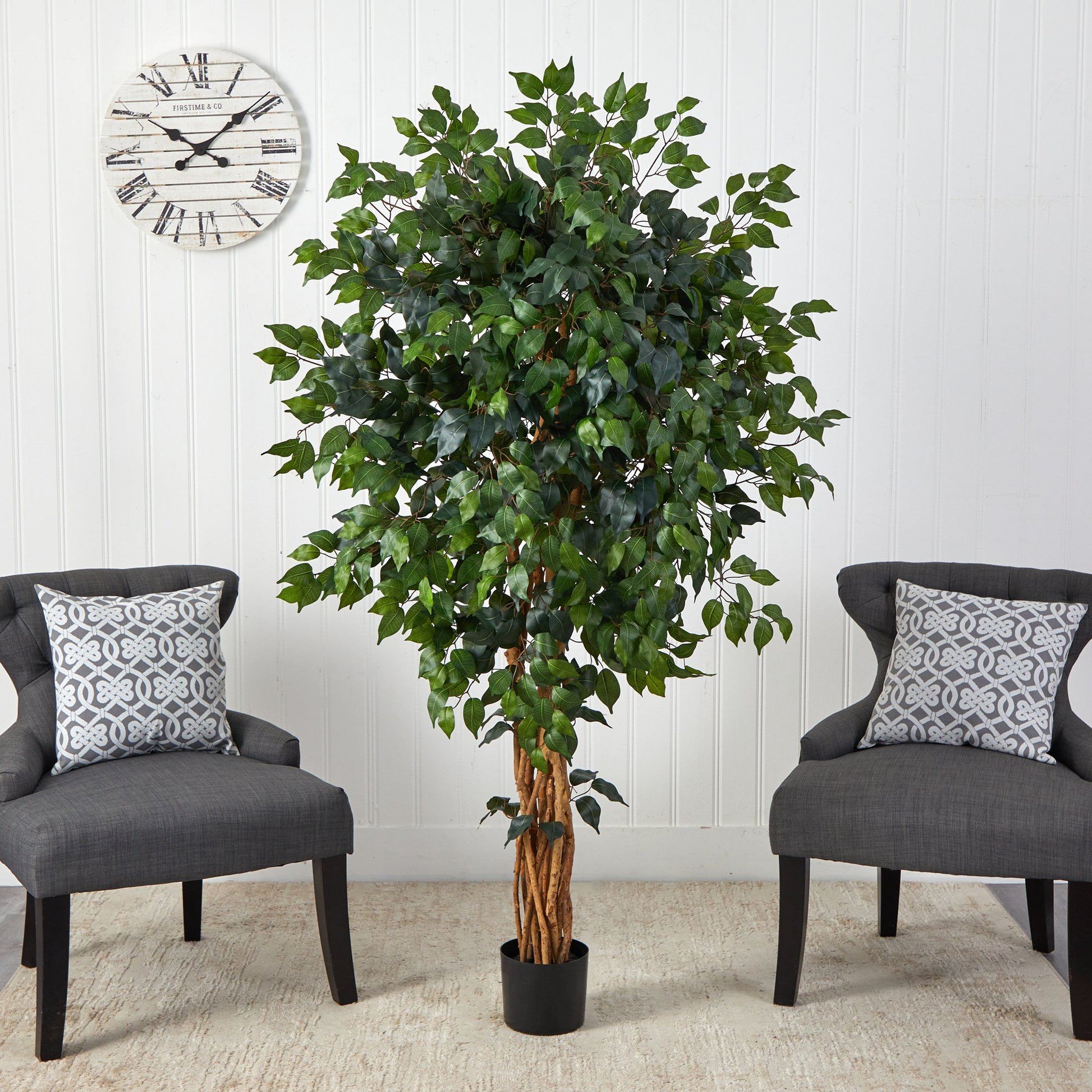 5.5’ Palace Ficus Artificial Tree by Nearly Natural with lush leaves and braided trunk in pot on Tampa Home & Garden Store