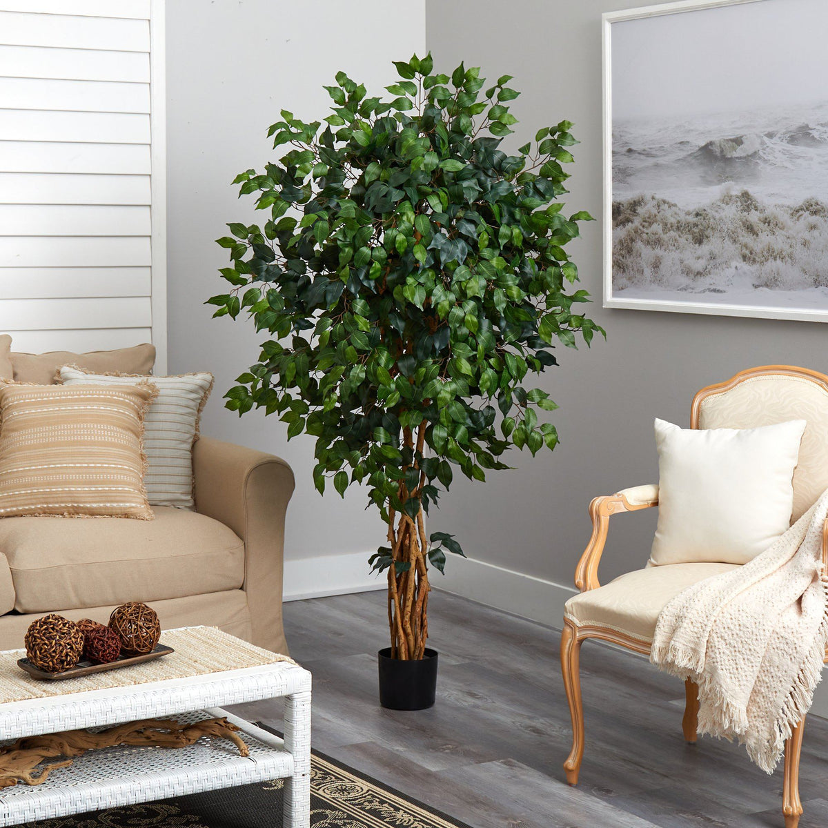 5.5’ Palace Ficus artificial tree with lush green leaves in a black planter by Nearly Natural on Tampa Home & Garden Store