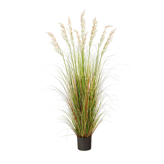 Artificial plum grass plant with multicolored plumes in a black planter on Tampa Home & Garden Store