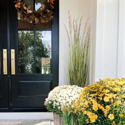 Plum Grass artificial plant by Nearly Natural with multicolored plumes, tall outdoor porch decor near yellow and white mums on Tampa Home & Garden Store