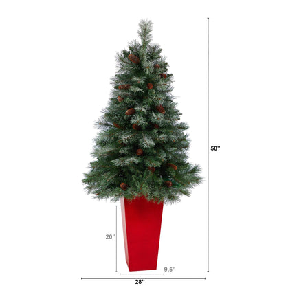 Nearly Natural 55in French Alps artificial Christmas tree with pine cones in red planter on Tampa Home & Garden Store