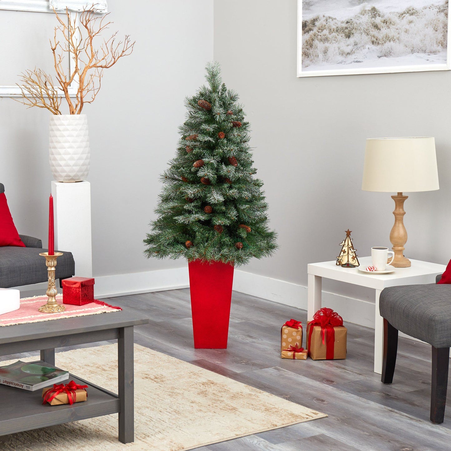 55in Snowed Pine Christmas Tree in red planter with 237 bendable branches Nearly Natural on Tampa Home & Garden Store