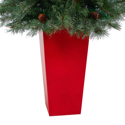 Nearly Natural 55-inch Pine artificial Christmas tree in red tower planter with cones on Tampa Home & Garden Store