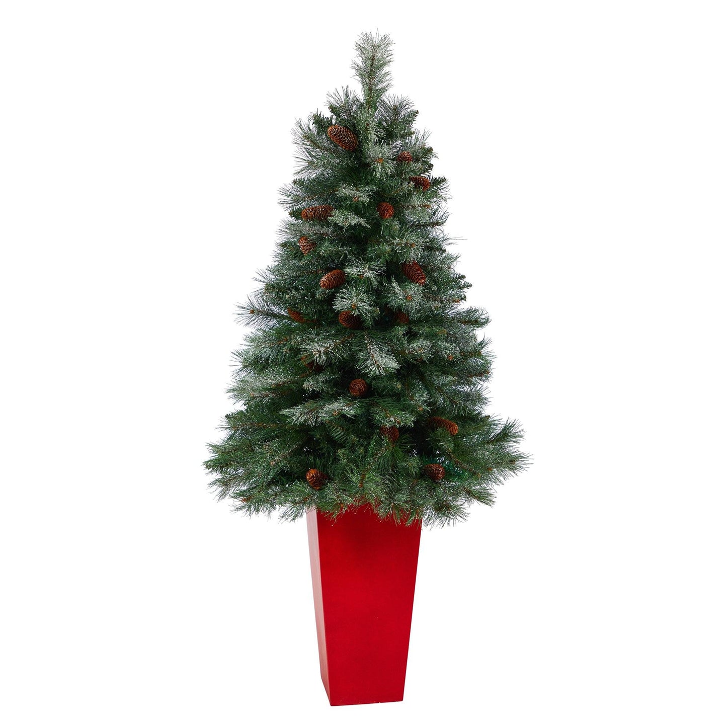 55in Snowed French Alps Mountain Pine artificial Christmas Tree in red planter with cones on Tampa Home & Garden Store