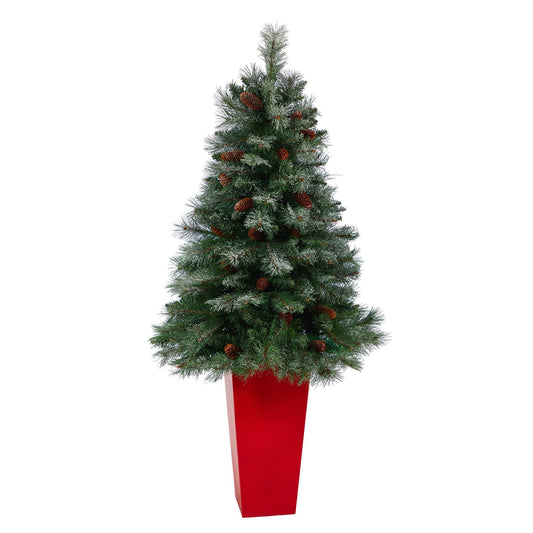 55in Snowed French Alps Mountain Pine artificial Christmas Tree in red planter with cones on Tampa Home & Garden Store