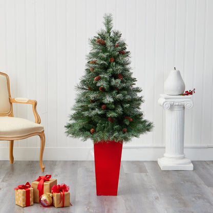 Christmas Tree Nearly Natural 55in Snowed Mountain Pine with 237 bendable branches in red pot on Tampa Home & Garden Store