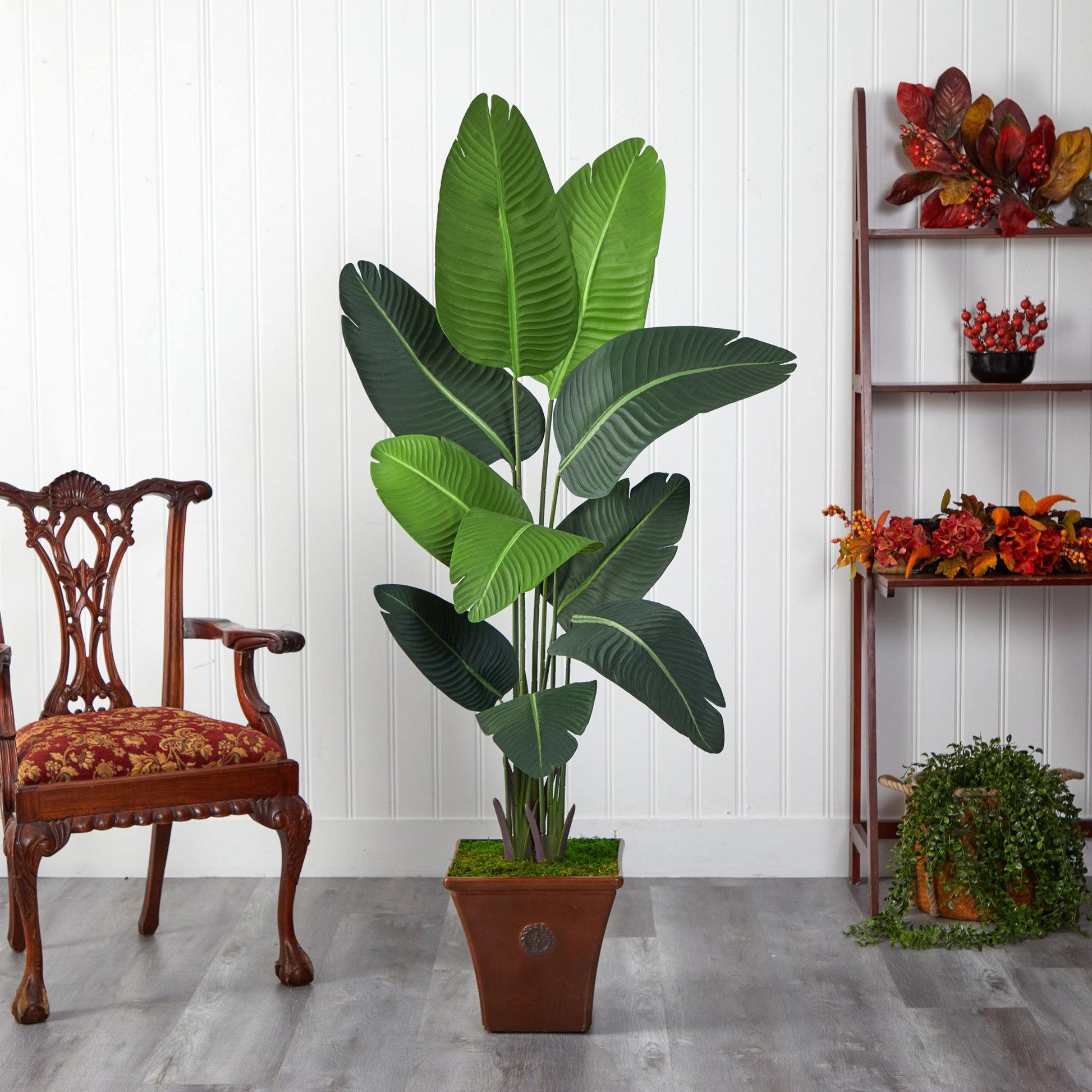 5.5’ Traveler's Palm artificial tree in brown planter with green leaves by Nearly Natural on Tampa Home & Garden Store