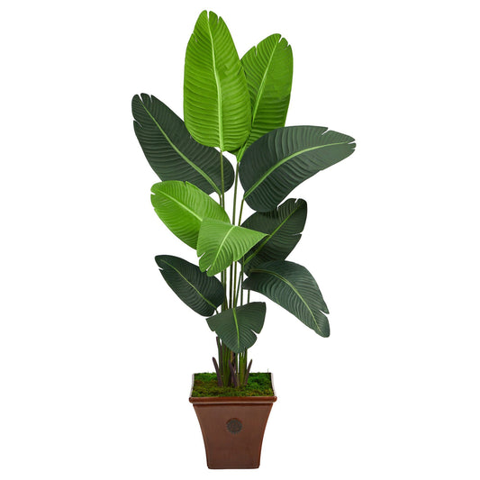 5.5 ft Traveler's Palm artificial tree in brown planter by Nearly Natural, lush green leaves on Tampa Home & Garden Store