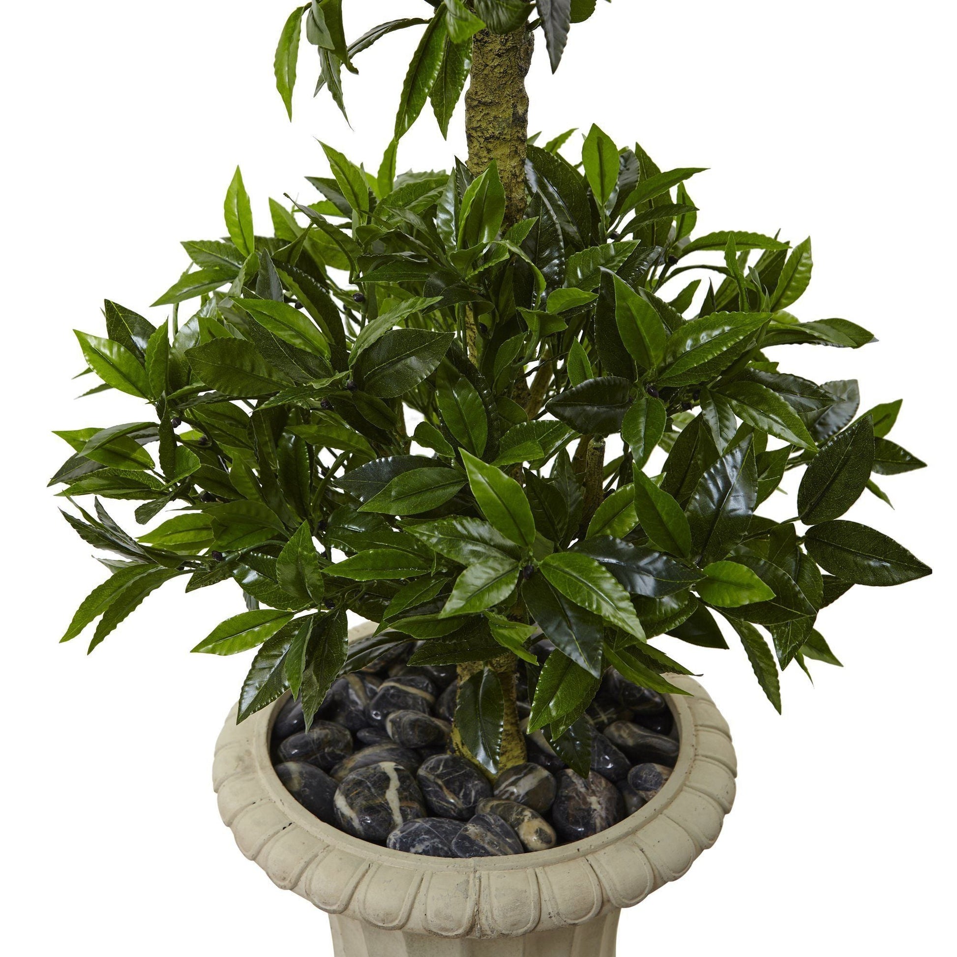 Nearly Natural 5.5’ Triple Bay Leaf Topiary in Urn, UV-resistant, indoor/outdoor, glossy leaves on Tampa Home & Garden Store