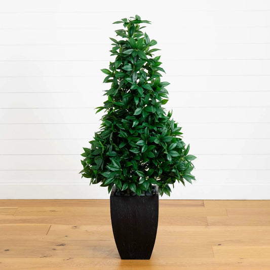 56 inch bay leaf cone topiary in black planter Nearly Natural artificial tree indoor outdoor on Tampa Home & Garden Store
