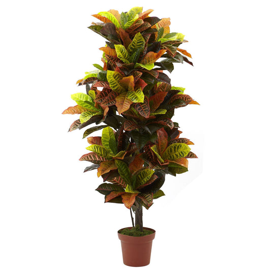 Nearly Natural Croton Plant Real Touch, tall artificial croton with bright leaves in brown pot on Tampa Home & Garden Store