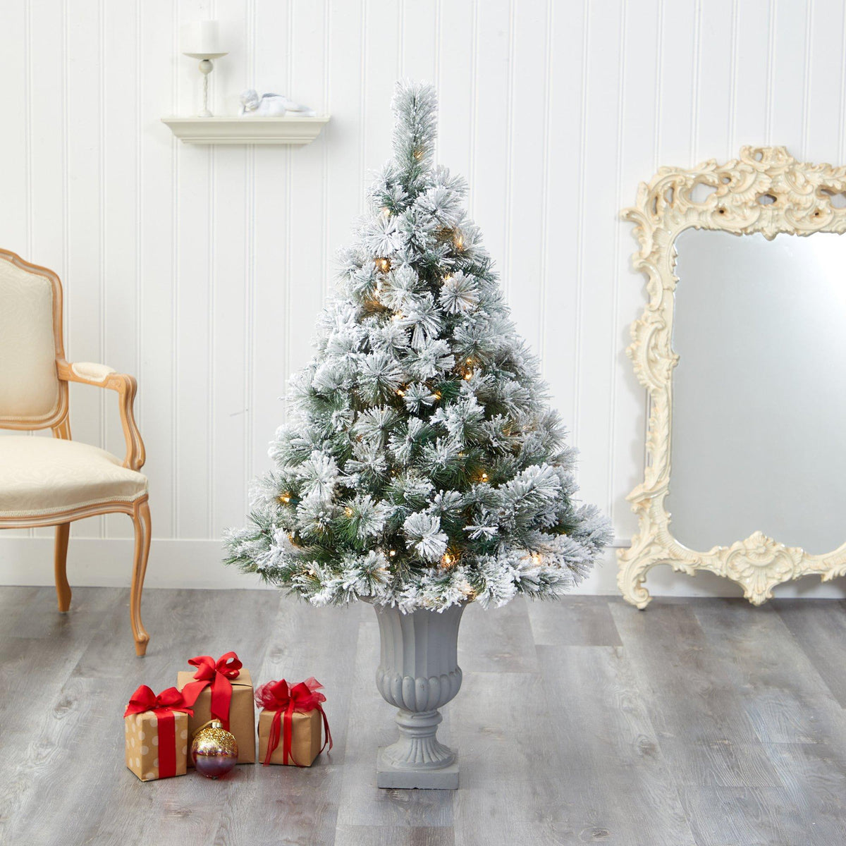 56-inch Nearly Natural flocked Oregon pine artificial Christmas tree in urn with 100 clear lights on Tampa Home & Garden Store