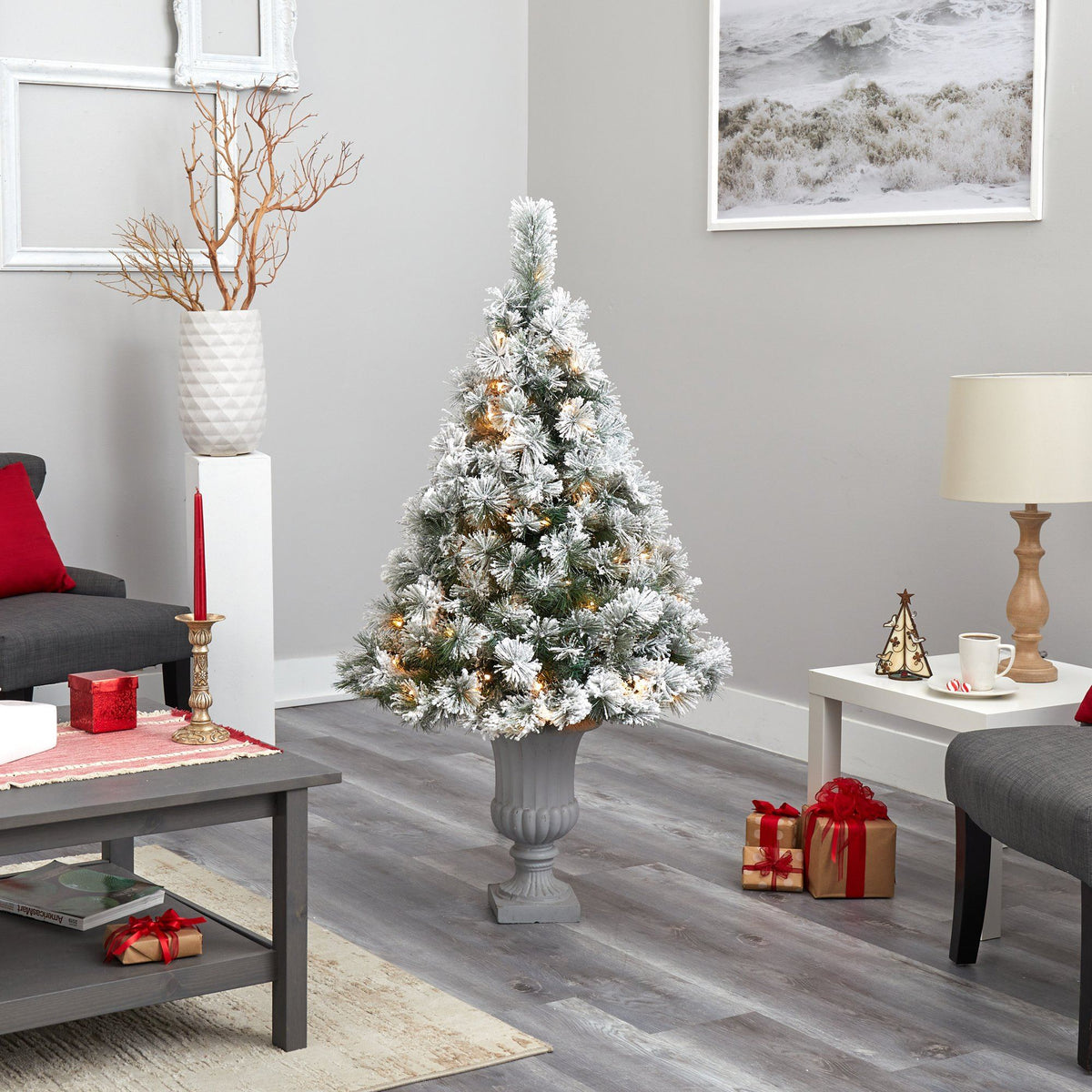 56” flocked Oregon Tree 100 clear lights and 215 bendable branches Nearly Natural on Tampa Home & Garden Store