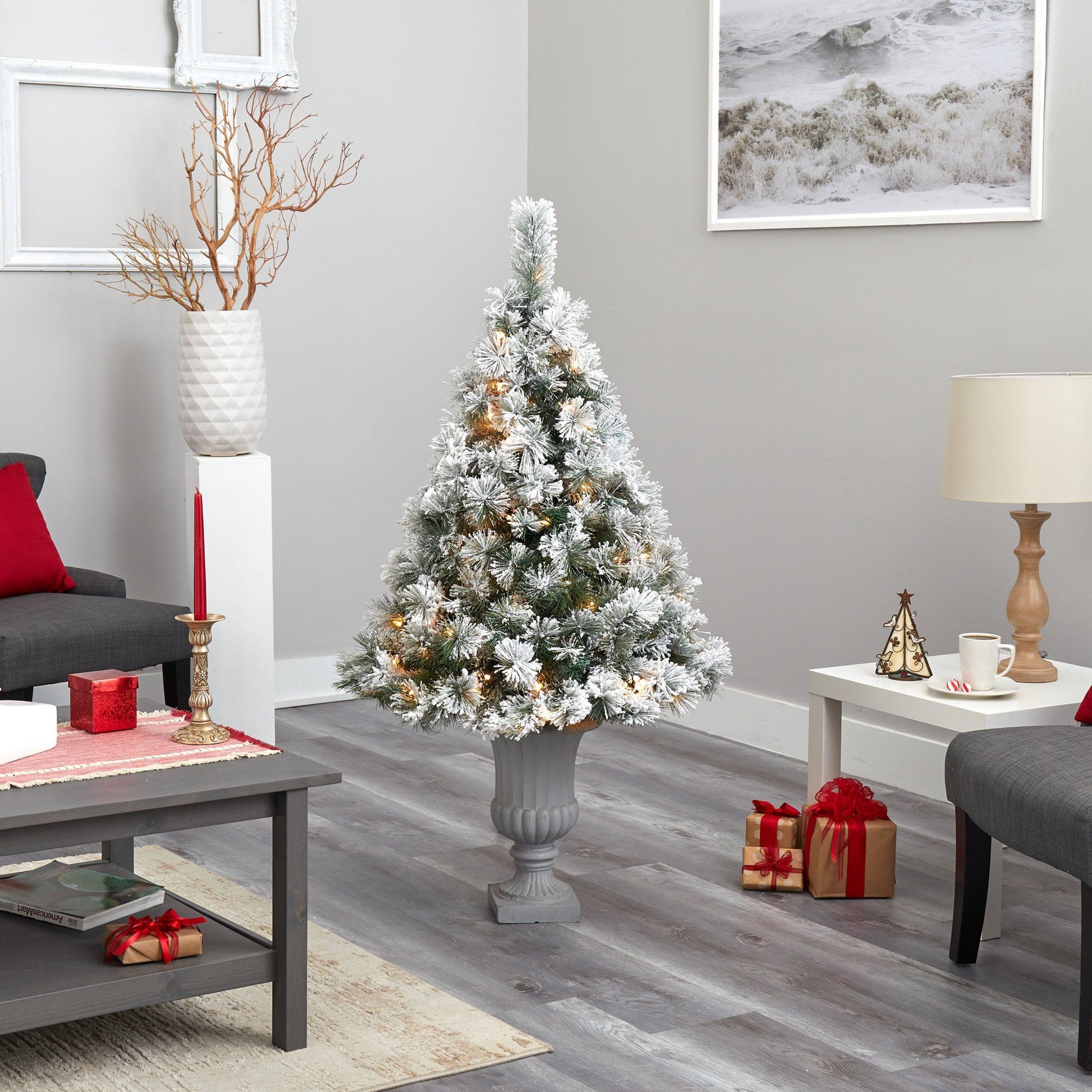 56” flocked Oregon Tree 100 clear lights and 215 bendable branches Nearly Natural on Tampa Home & Garden Store
