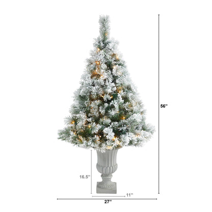 56-inch flocked Oregon Pine artificial Christmas tree 215 bendable branches 100 clear lights urn on Tampa Home & Garden Store