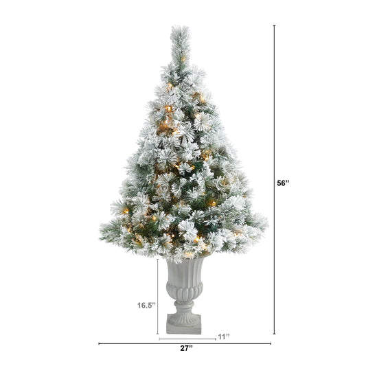 56-inch flocked Oregon Pine artificial Christmas tree 215 bendable branches 100 clear lights urn on Tampa Home & Garden Store