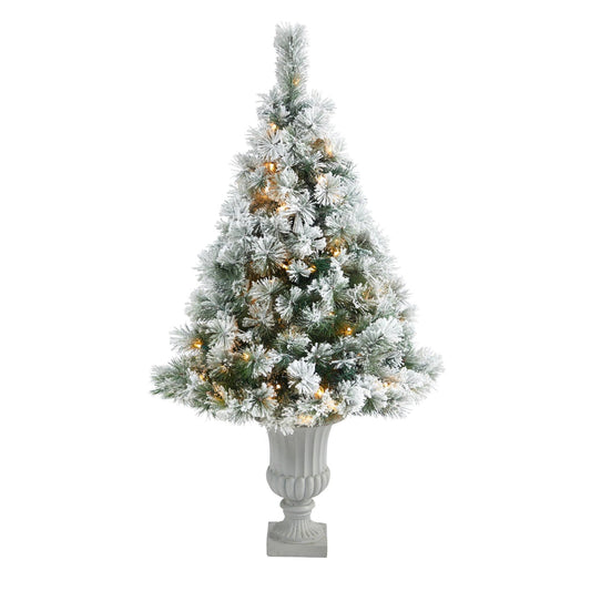 56in flocked Oregon pine Christmas tree with 100 clear lights by Nearly Natural in urn on Tampa Home & Garden Store