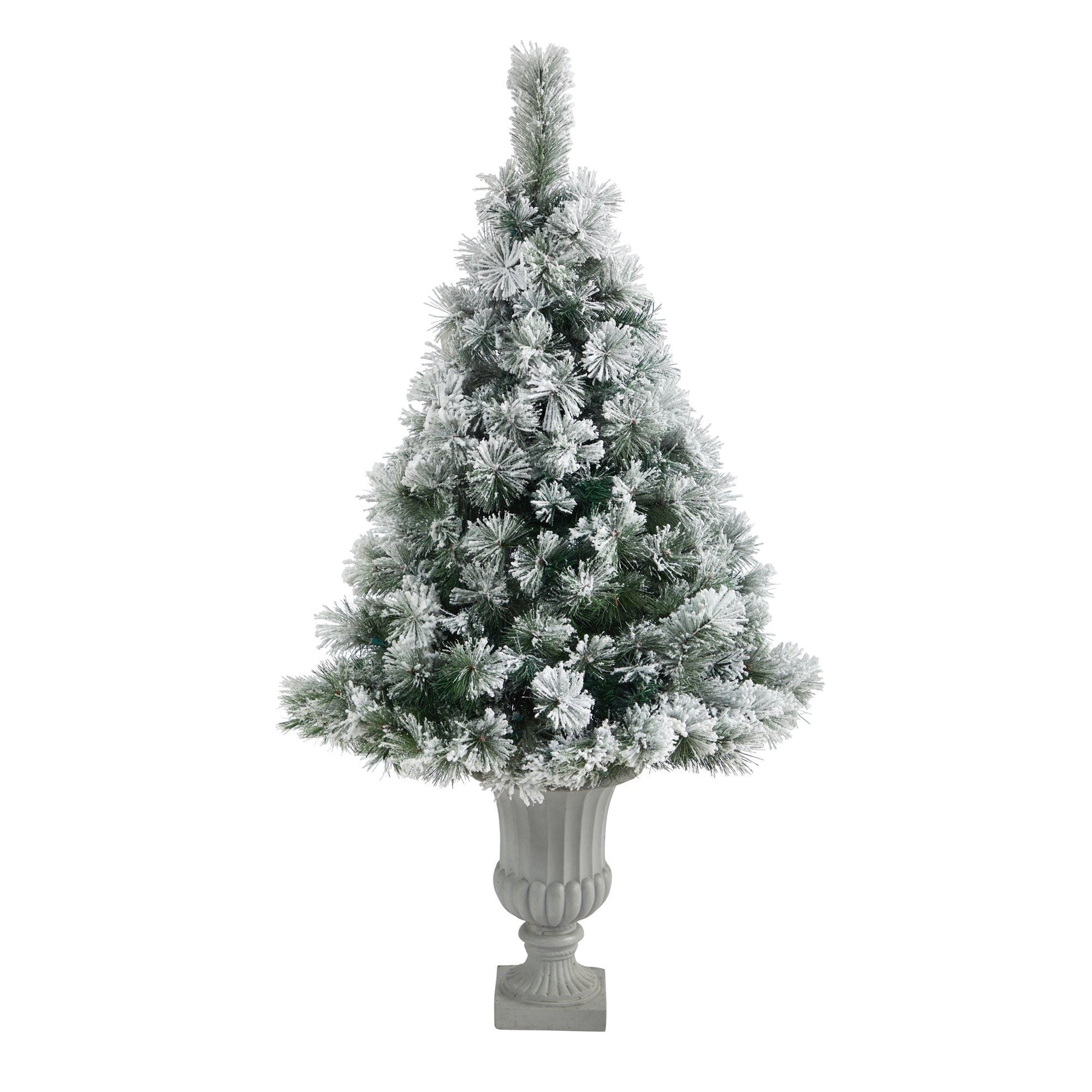 56in flocked Oregon pine artificial Christmas tree by Nearly Natural in urn with 100 lights on Tampa Home & Garden Store