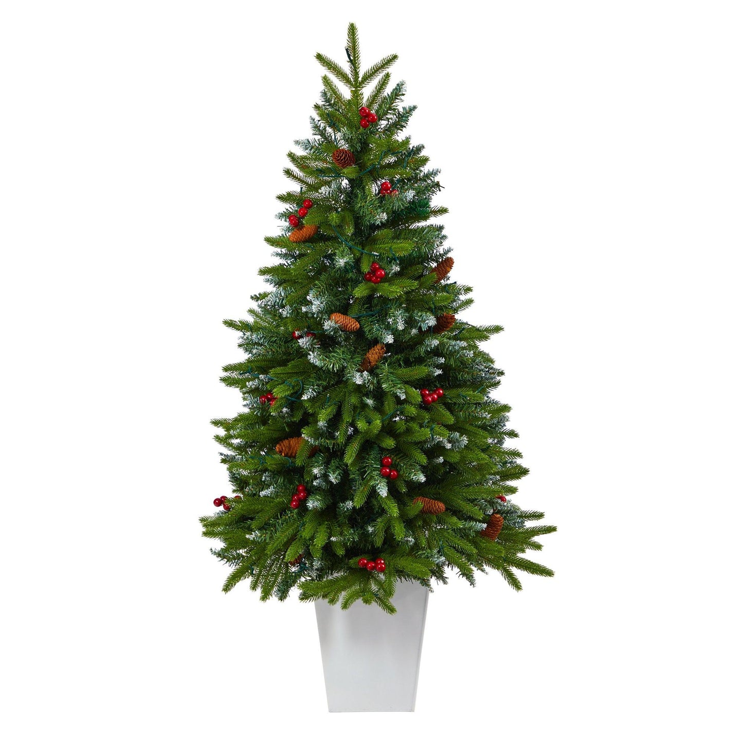 Nearly Natural 56in Snow-Tipped Spruce Tree with 100 clear LED lights in white metal planter on Tampa Home & Garden Store