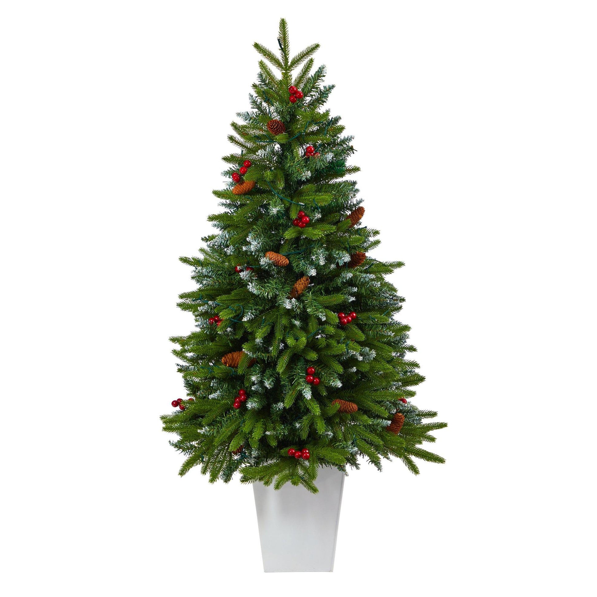 Nearly Natural 56in Snow-Tipped Spruce Tree with 100 clear LED lights in white metal planter on Tampa Home & Garden Store