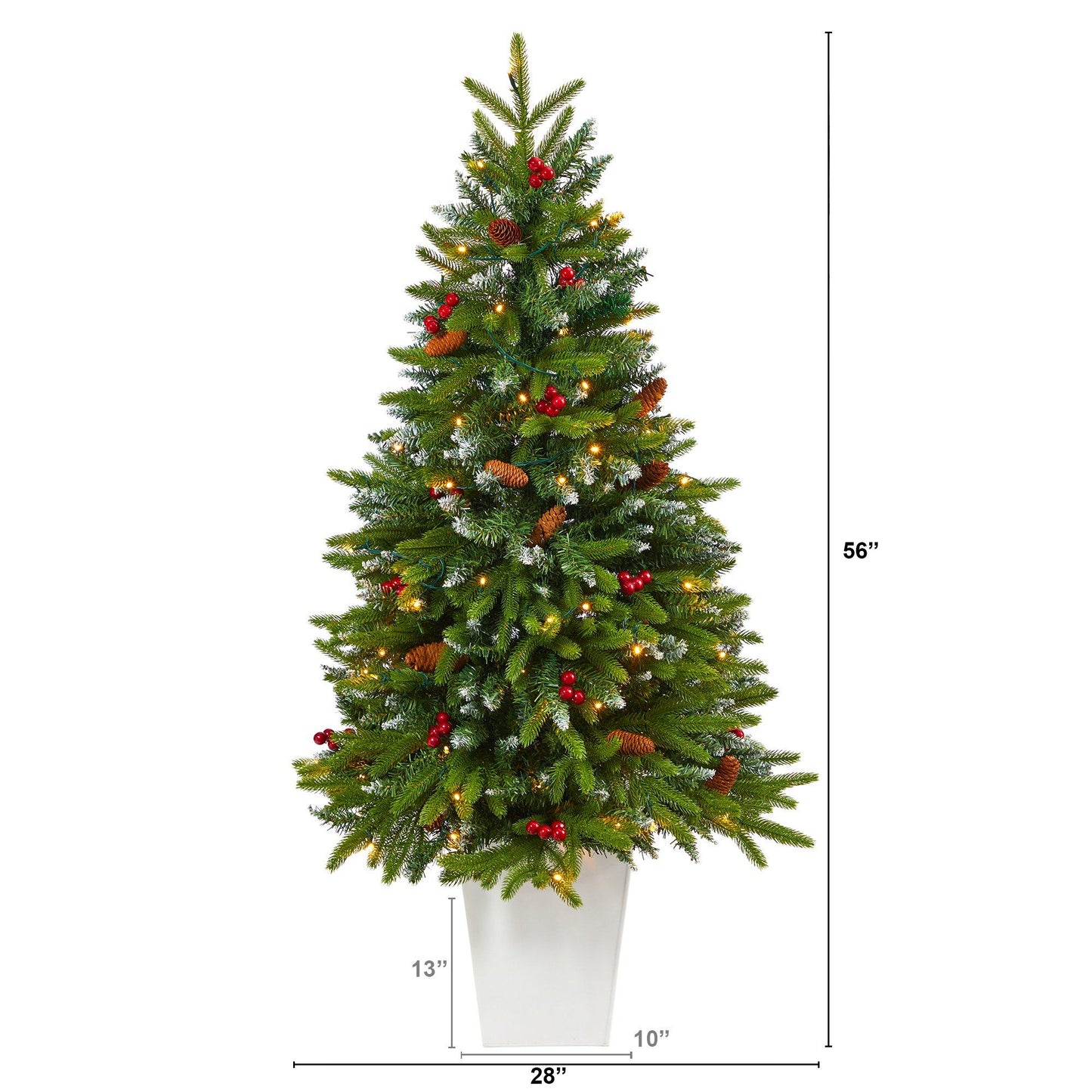 56in Snow Tipped Spruce Christmas Tree with pinecones and 100 LED lights in white planter on Tampa Home & Garden Store