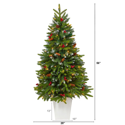 56in Snow Tipped Spruce Christmas Tree with pinecones and 100 LED lights in white planter on Tampa Home & Garden Store
