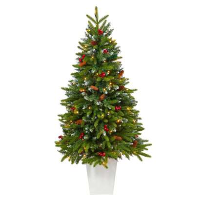 56in Portland Spruce Tree (Nearly Natural) with Berries, Cones, 100 LED Lights in White Planter on Tampa Home & Garden Store