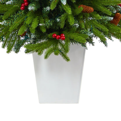 56” Snow Tipped Spruce with frosted berries and pinecones, 100 LED lights in white metal planter on Tampa Home & Garden Store