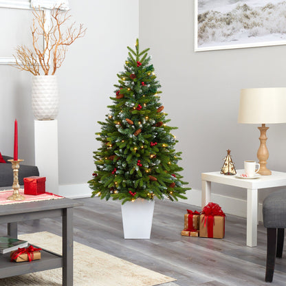 Snow Tipped Portland Spruce Christmas Tree with berries and 100 LED lights in planter on Tampa Home & Garden Store