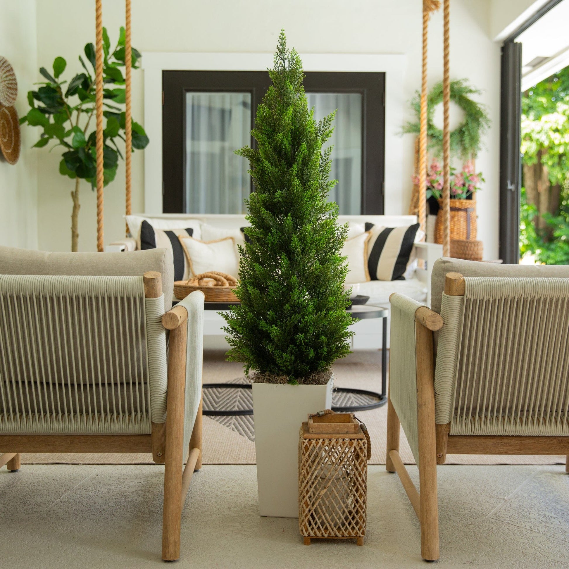 Artificial Cedar Tree in White Tower Planter 56-inch UV resistant by Nearly Natural on Tampa Home & Garden Store