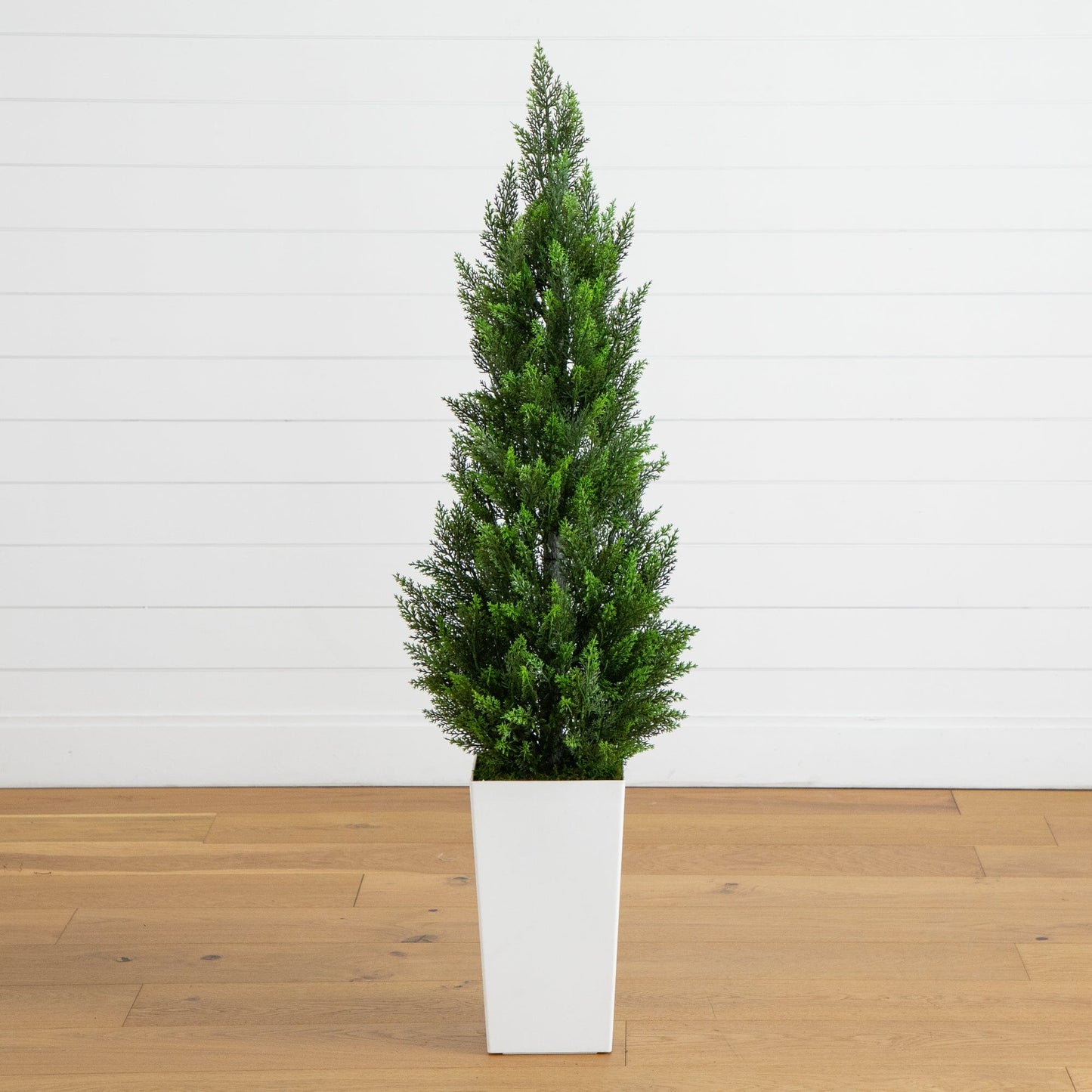 Artificial cedar tree in white tower planter 56in UV resistant Nearly Natural on Tampa Home & Garden Store
