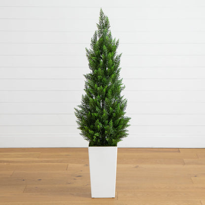 Artificial cedar tree in white tower planter 56in UV resistant Nearly Natural on Tampa Home & Garden Store