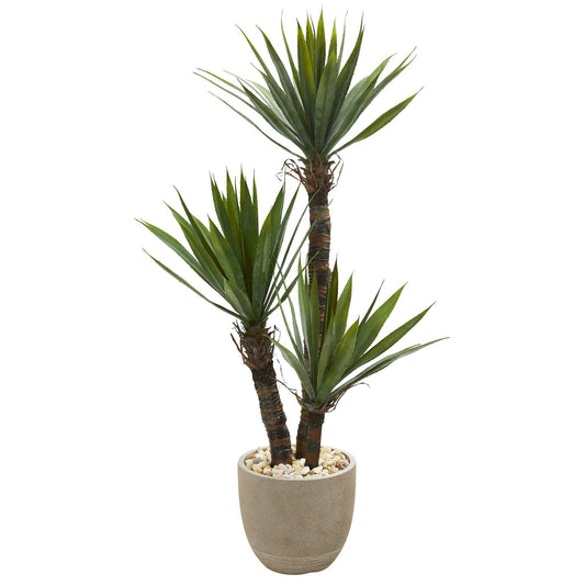 Nearly Natural two-stem 56-inch Yucca artificial tree in sandstone planter with pebble fill on Tampa Home & Garden Store